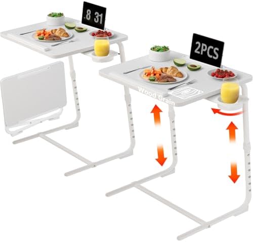 TV Trays Set of 2 - Folding TV Tray Adjustable Dinner Trays for Eating On Couch Wooden Tables Mate Stand Foldable White Desk with Cup Holder Portable by NUTIKAS
