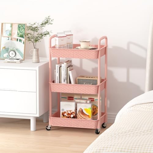MOYIPIN 3-Tier Plastic Rolling Utility Cart with Handle,Utility,Pink - Image 6