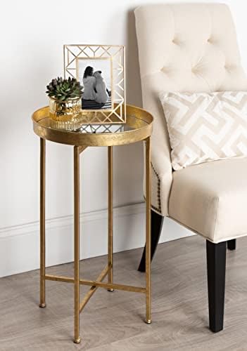 Kate and Laurel Celia Round Metal Foldable Accent Table with Mirror Tray Top, Gold - Image 2