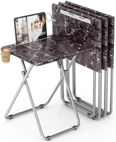 Folding TV Tray Table with Cup Holder, TV Dinner Table with Sturdy MDF Top, Eating Trays with Tablet Slot for Living Room, Bedroom, Sofa (Black Marble, 4Pcs) by Fleecy+day
