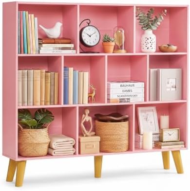 YAHARBO 10 Cube Bookshelf,3 Tier Bookcase with Legs,Light Pink Mid-Century Modern Bookshelves,Large Free Standing Open Storage Organizer Shelf,Tall Wooden Book Case Furniture for Bedroom,Living Room by YAHARBO