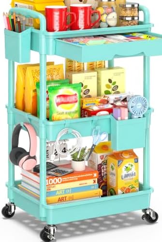 SUNALLY 3 Tier Rolling Cart with Drawer, Craft Storage Cart Organizer, Blue by SUNALLY