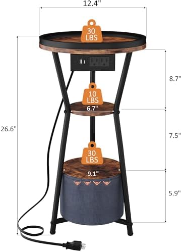 Yusong Round Side Table with Charging Station, Small Drink Table for Small Spaces, 3-Tier Industrial End Table, Accent Nightstand Bedside Table for Living Room, Bedroom, Sofa Couch, Rustic Brown - Image 2