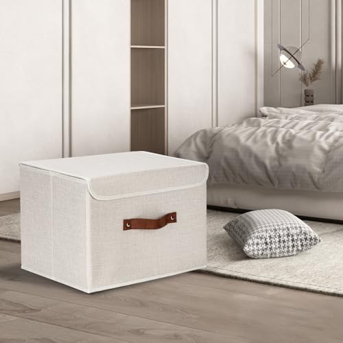 TYEERS Collapsible Storage Boxes, Washable Fabric Storage Bins with Lids, 14.9x9.8x9.8 inches, 2 Pack, Beige - Image 5