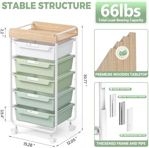 SYKIARIOL Rolling Storage Utility Cart with 5 Drawers,Green - Image 5