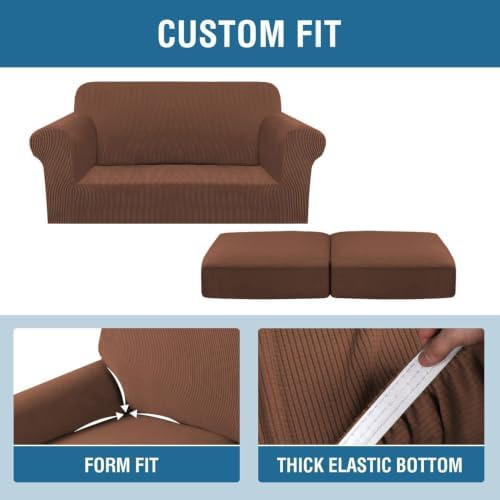 H.VERSAILTEX 3 Piece Stretch Sofa Covers for 2 Cushion Loveseat Couch Covers for Living Room Furniture Cover (Base Cover Plus 2 Seat Cushion Covers) Thicker Jacquard Fabric(Medium Sofa, Caramel) - Image 4