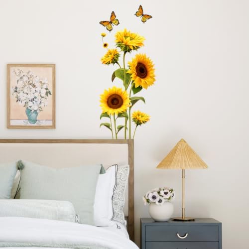 Sunflower Wall Decals Peel and Stick, Butterfly Floral Wall Stickers, Large Botanical Removable Vinyl Wall Decor, Flower Wall Art for Bedroom Living Room Nursery Office Farmhouse Home Decorations - Image 5