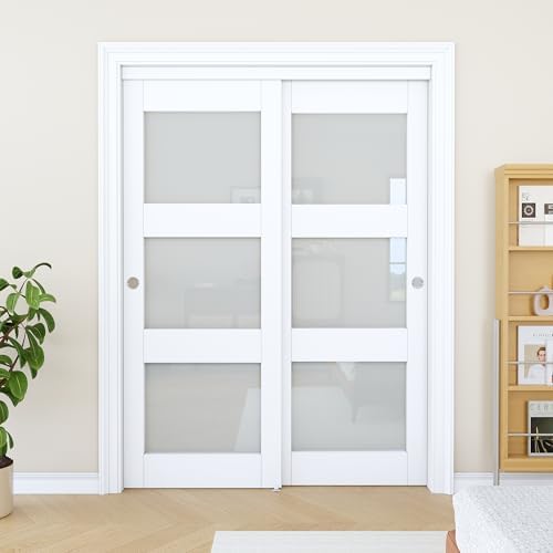 Sliding Closet Door 60"x80", 3 Lite Frosted Glass Door, Need to Assemble - Image 2