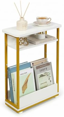 Narrow Side Table,3-Tier Slim End Table with Storage Shelf,Modern Sofa Table Thin Side Table for Small Spaces, Skinny Bedside Table Small Nightstand with Magazine Rack Space Saving/White+Gold by YEAKOO