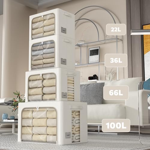 FHSQX 2 Pack Clear Window Storage Bins Large Stackable Linen Fabric Storage for Clothes Foldable Container Organizer Set with Carrying Handles (Lvory White, 15.7x 11.8x 7.8Inch) - Image 6