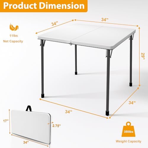 Kasunpul 34" Folding Table, Portable Square Folding Card Table with Collapsible Legs & Carrying Handle, Plastic Tables for Camping,Picnic, Office, Party, White - Image 3