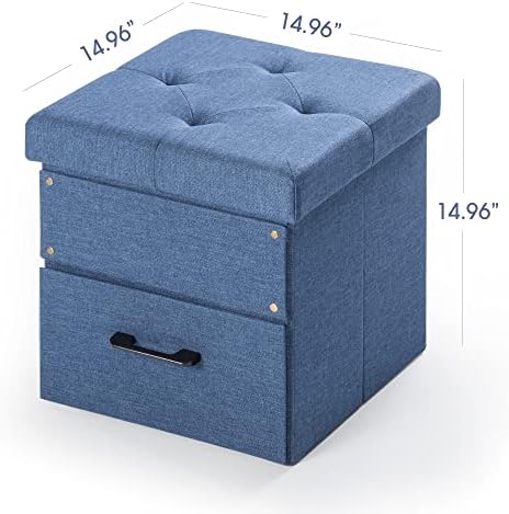 Mellow Stockbox Ottoman with Storage Drawer, 15" Cube Collapsible Bench -Stool, Blue - Image 2