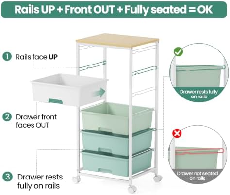 6 Drawer Rolling Storage Cart with Wooden Top and Wheels for Crafts,Green - Image 7
