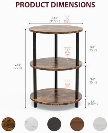 XBurmo Small Round Coffee Table - 3 Tier Design Accent Table, Narrow Side or Bedside Stand, Industrial Vintage Nightstand for Bedroom, Living Room, or Small Spaces, Rustic Brown - Image 2