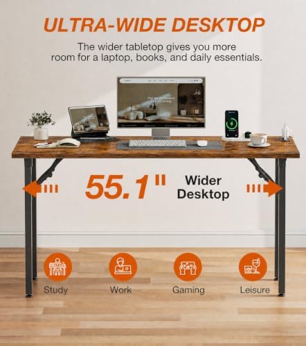 XBurmo Small Folding Desk Folding Table, No Assembly Foldable Desk Gaming Desk, 55.1-Inch Computer Table Workstation with 2 AC Outlets and 2 USB Ports for Bedroom and Home Office, Rustic Brown - Image 6