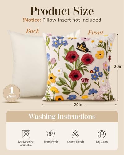 Embroidered Throw Pillow Cover 20x20 Inch, Retro Flower - Image 4