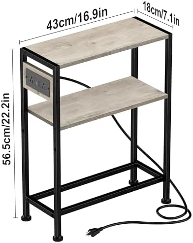 Small Narrow Side Table with Charging Station, Skinny End Table for Small Spaces, Slim Nightstand with Outlets, Sofa Bedside Table in Living Room, Bedroom, Kitchen and Balcony (Greige) - Image 3