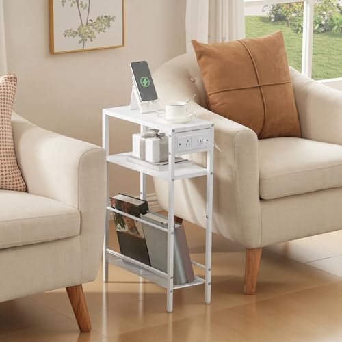 HOOBRO Small Narrow Side Table with Charging Station, Skinny End Table for Small Spaces, Slim Nightstand with USB Ports Outlet, Sofa Beside Table with Storage Shelf, White WT102UBZ01 - Image 2