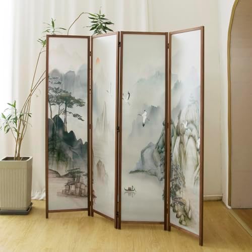 4 Panel Room Divider, 5.6 ft Tall Blackout Folding Privacy Screen - Double-Sided Freestanding Partition Wall with Different Patterns, Ink-wash Mountain Landscape for Home Office (67"H x 63"W) - Image 2