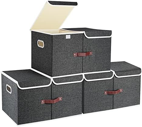 TYEERS Extra Large Collapsible Storage Bins with Lids and Compartments, Washable, Fabric Storage Boxes, 21.7x13x11.8 inches, 3 Pack, Black by StorageOrganization
