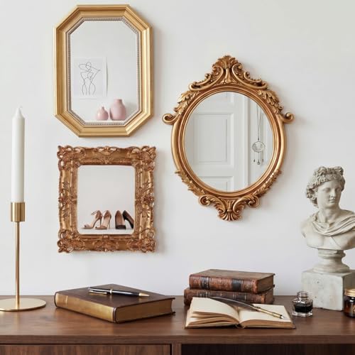 Wonderjune 3 Pcs Vintage Gold Mirror Set Wall Decorative, 8-15in Vintage Wall Mirror Hanging Antique Hanging with Stand for Living Room Home Wedding Decor(Court Baroque Style, 15in/11in/10in) - Image 6