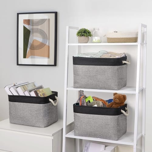 TheWarmHome Storage Basket for Organizing - 16x12x12 inch Cube Storage bin 3 Pack Fabric Storage Cubes, Collapsible Storage Box for Organizer Cloth Gift Toy Closet (Black & Grey) - Image 3
