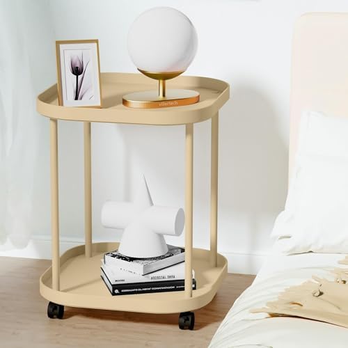 Side Table with Wheels, 2-Tier End Table Small Night Stand - Image 6