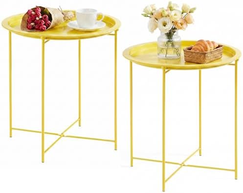 VECELO Side/End Table, Folding Round Metal Anti-Rust and Waterproof Outdoor or Indoor Tray for Living Room Bedroom Balcony and Office, 2 PCS, Yellow by VECELO