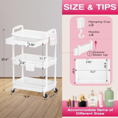 Goovilla Rolling Makeup Organizer Cart with Removable Drawer, 3 Tier White - Image 2
