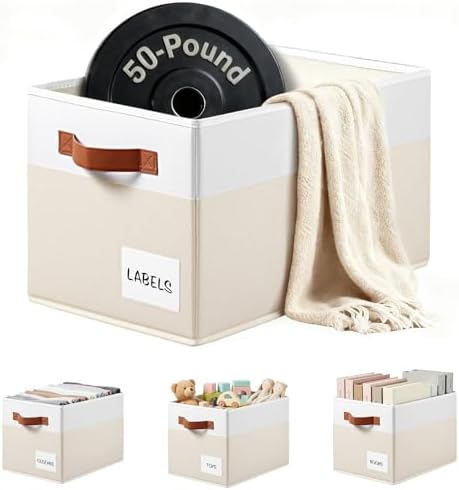 4 Pack Large Closet Storage Baskets for Shelves - 14x10 Heavy Duty Closet Shelf Organizer Bins with Handles & Labels - Decorative Collapsible Baskets for Organizing Living Room Bedroom Nursery Dorm by Criusia