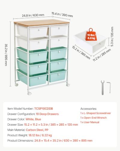VEVOR Rolling Cart with Drawers, Double Row 10 Drawer Storage Organizer, Mobile Utility Cart, Wood Top, Steel Frame, Universal Casters & 2 Brakes, for Office, Classroom, Craft Room, Studio, Blue White - Image 7