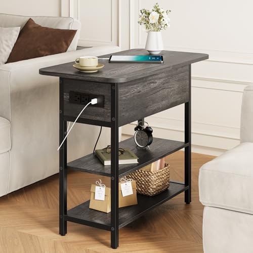 Yoobure End Table with Charging Station, Flip Top Side Table with USB Ports and Outlets, Sofa Couch Table Bedside Table for Living Room Bedroom, Narrow Nightstand with Storage Shelves for Small Space - Image 2