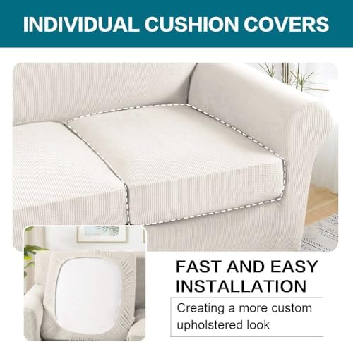 Turquoize 3 Piece Sofa Covers for 2 Cushion Couch Loveseat Slipcover Soft Couch Cover for Dogs-Washable Sofa Furniture Cover with 2 Individual Cushion Covers, Thick Jacquard Fabric (Loveseat, Ivory) - Image 5