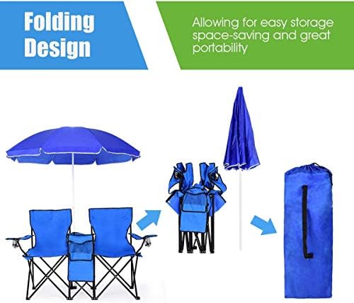 ARLIME Double Folding Beach Chairs, Outdoor Picnic Portable Loveseat Chairs with Removable Umbrella & Mini Table Carrying Bag, Camping Chair for Patio, Pool, Park (Blue) - Image 4