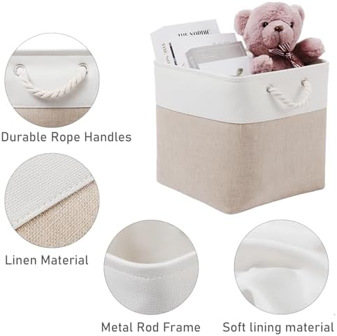 MidmmVick 12 x 12 Inch Cube Storage Bins, 6 Pack Large Collapsible Fabric Storage Bin with Ropes, Foldable Storage Cubes for Home, Office,Closet, Clothes, Toys Organizer (White & Beige) - Image 5