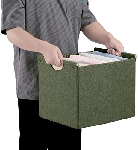 HOONEX Large Collapsible Storage Bins, Linen Fabric, Pack of 2, Storage Baskets with Wooden Carry Handles and Sturdy Heavy Cardboard, for Home, Office, Car, Nursery, Olive - Image 6