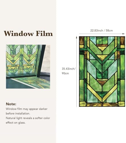 Faux Stained Glass Effect Transparent Window Film, Original Hand Drawn Static Cling Home Decal Inspired by Frank Lloyd Wright, 22.83" x35.43" Martin House, Green - Image 5
