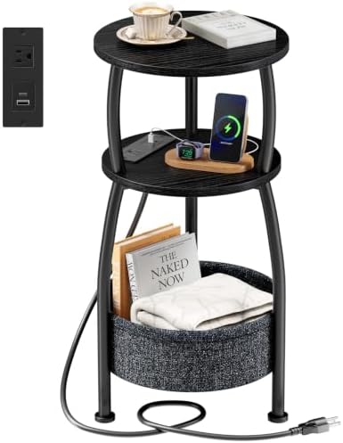 Side Table with Charging Station, Small Round End Table with Basket by designyourhome