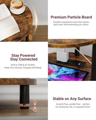 XBurmo Small Round End Table - 3 Tier Design Accent Table, Narrow Side or Bedside Stand, Industrial Vintage Table for Small Spaces, Built-in USB Ports and Power Outlet, Rustic Brown - Image 3