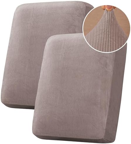 H.VERSAILTEX Velvet Stretch Couch Cushion Cover Plush Cushion Slipcover for Chair Loveseat Sofa Cushion Furniture Protector Seat Cushion Sofa Cover (2 Piece Medium Sofa Cushion Covers, Taupe Striped) by HVERSAILTEX