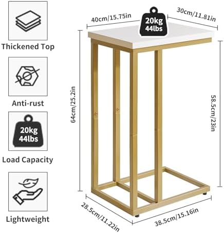 Aibiju Small Side Tables C Shaped, End Table, Small Table Stand for Living Room Bedroom, Little Bedside Table 16x12x25 inch White+Gold YD-TM051WG-2 - Image 3