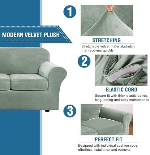H.VERSAILTEX Modern Velvet Plush 4 Piece High Stretch Sofa Slipcover Sofa Cover Furniture Protector Form Fit Luxury Thick Velvet Sofa Cover for 3 Cushion Couch Width Up to 90 Inch (Sofa, Sea Grass) - Image 3