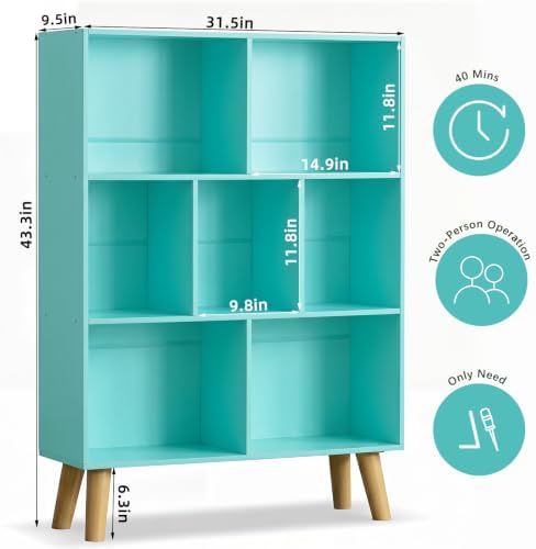 YAHARBO Green Bookshelf,3 Tier Book Shelf with Legs, 7 Cube Minimalist Bookcase,Storage Organizer Shelves Display Bookcases for Bedroom,Living Room - Image 2