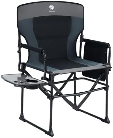 EVER ADVANCED Camping Directors' Chair with Side Table, Portable Folding with Compact Size, Heavy Duty Lawn Chair with Pocket for Camping, Sports and Fishing, 400lbs, Black Grey by EVERADVANCED