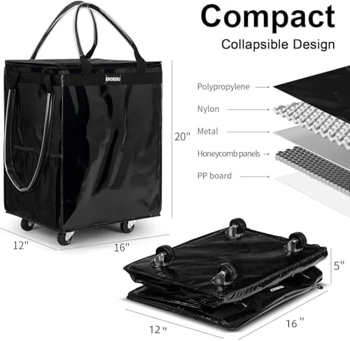 (Medium,Black) Reusable Grocery Bag on Wheels, Foldable Rolling Tote Bag - Image 4