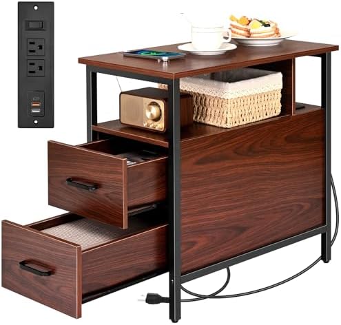 Livofloral Narrow Side Tables with Charging Station, Narrow End Table with Wooden Drawers, USB Ports and Power Outlets, Nightstand and Bedside Table for Bedroom, End Tables Living Room, Espresso by Livofloral