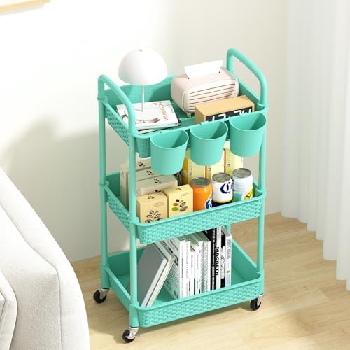 MOYIPIN 3-Tier Plastic Rolling Utility Cart with Handle,Turquoise - Image 3