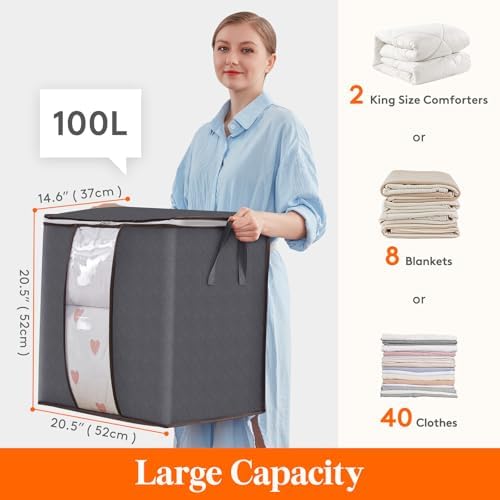 Lifewit 3 Pack 100L Clothes Storage Bins with Lids, Foldable Blanket Storage Bags with Zippers, Clear Window and Reinforced Handles, Closet and Organization for Clothing, Sweater, Comforter, Bedding - Image 2
