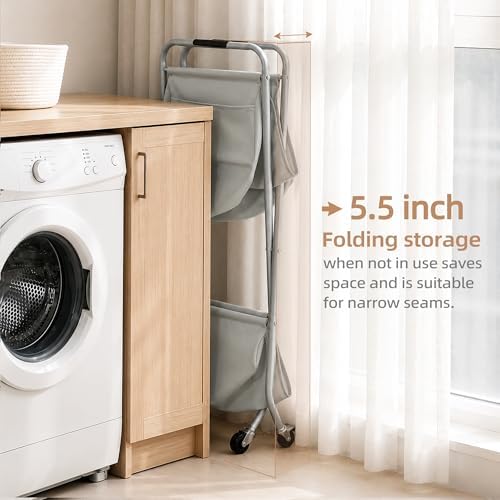 STORAGE MANIAC Collapsible Laundry Cart with Wheels 31.5"H Rolling Laundry Hamper Clothes Basket with Wheels, Canvas Liner Sturdy Steel Frame Folding for Small Narrow Space Easy Storage, Grey - Image 3