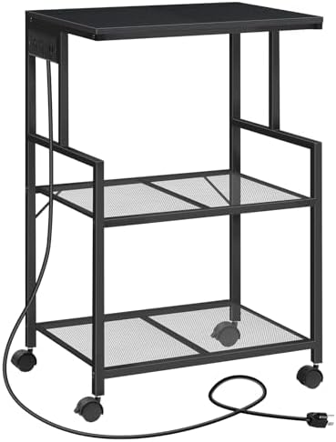 MAHANCRIS Mobile Printer Stand, 3-Tier Industrial Printer Cart with Power Outlets and 2 USB Ports, Rolling Printer Table on Wheels for Home Offices Kitchen Organization Rack, Black PTHB78E01 by MAHANCRIS